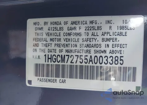 2005 Honda Accord 2.4 Ex из США, поврежденный, VIN 1HGCM72755A003385